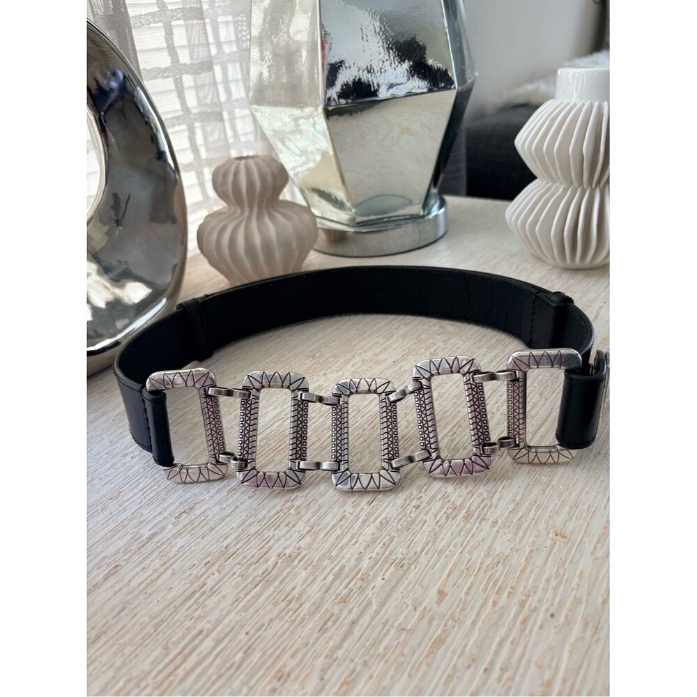 Chico’s Black Leather Silver Link Adjustable Belt Size S/M